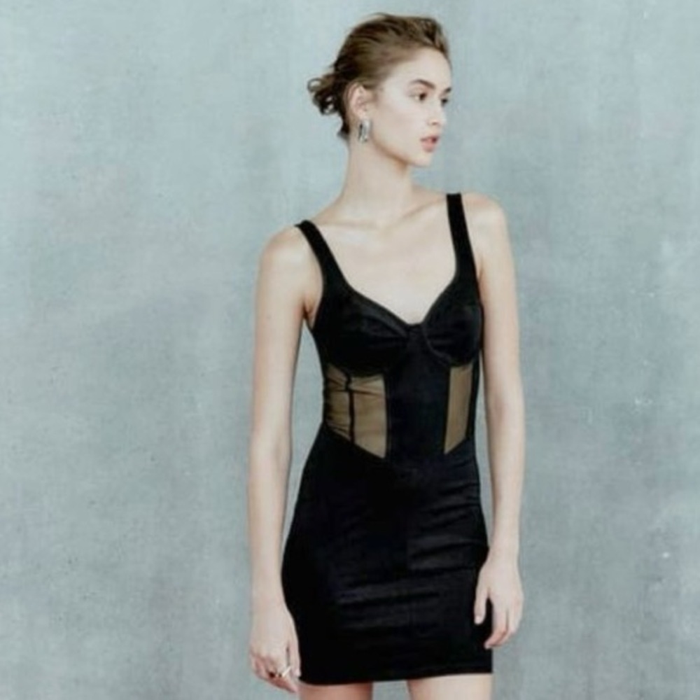 ZARA Black Bodycon Corset Mini Dress Sleeveless Mesh Sheer‎ M S Party Underwire